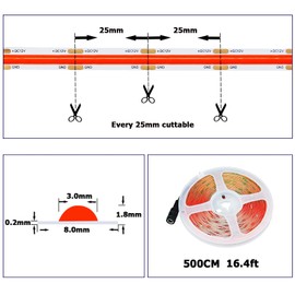 YUNBO 12V COB LED Strip Light Red 620-625nm Dotless High Density 480LEDs/M 16.4FT/5M Super Bright Cuttable Flexible IP20 No Waterproof LED Tape Light for Cabinet Home DIY Lighting Projects