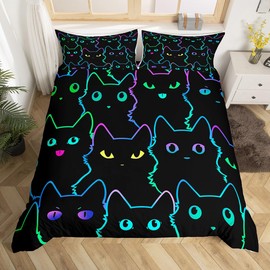 Neon Black Cat Bedding Set 135 x 200 cm for Girls Boys, Colourful Funny Cat Duvet Cover, Kawaii Room Decor, Cartoon Cat Comforter Cover for Cat Lovers, Gradient Line Bed Set, Reversible