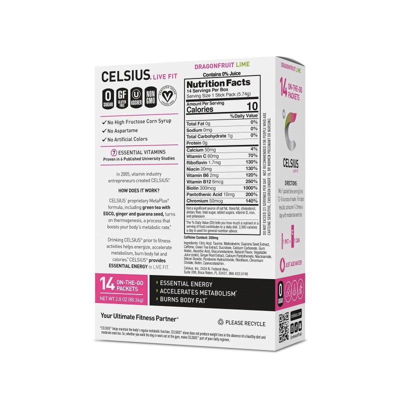 CELSIUS Live Fit On-the-Go Energy Drink Mix Packets, Dragonfruit Lime,