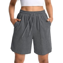 NOIGEFAY - Pantalones cortos deportivos de algodón para mujer, de cintura alta, sueltos, con cordón y bolsillos, Gris-oscuro, X-Large