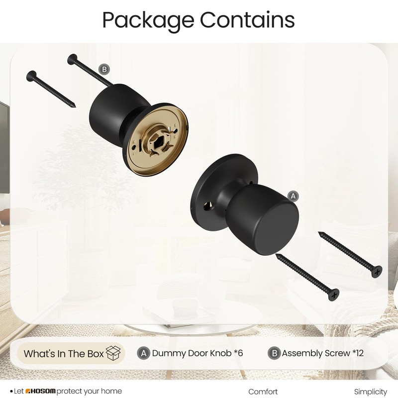 HOSOM 6 Pack Dummy Door Knobs，Matte Black Door Knobs Keyless