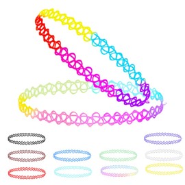 LJFEA 12 Piece Stretch Tattoo Necklace, Choker Necklace Set, Women's Tattoo Collar, Hollow Weave Chains, Retro Look of the 90s, Colourful, for Everyday Life for Girls, Elastic fabric