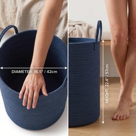 Large Cotton Rope Laundry Basket 80L, Navy Blue Woven Storage Basket with Handles, Decorative Clothes Hamper for Bedroom Living Room, Tall Blanket Basket for Towels Pillows, Modern Organization
