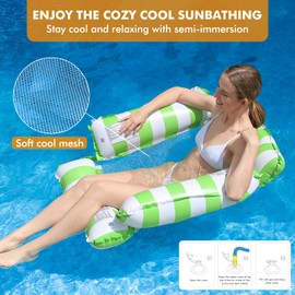 ROUSKY 2PCS Inflatable Pool Float Chair Lounge for Adults and Kids Floating,Stripe Pattern Float Hammock for Pool Party Summer Water Fun (Green+Light Blue)