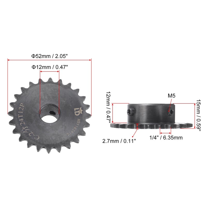sourcing map 24 Tooth Roller Sprocket B Type, #25 Chain,