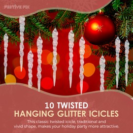 Festive Fix 12cm Glitter Icicle for Baby in Clear – 10 Twisted Hanging Ornaments for Christmas Tree Decorations | Xmas Theme Shiny Spiral Strips Decor Accessories for Holiday Wedding Party