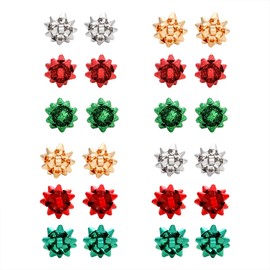 HZEYN 12 Pairs Christmas Bow Earrings Gold Silver Red Green Polished Glitter Gift Bow Santa Earrings for Women Gift (12 Pairs Stud)