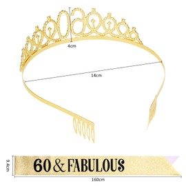 KIUEZIR Golden 60th Birthday Tiara & Sash Set - Rhinestone Alloy 60th Crown with Comb & Glitter Ribbon "60 & Fabulous" for Mom's & Grandma's Birthday Parties, Anniversaries and Photoshoots
