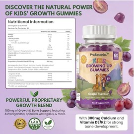 Kids Growth Gummies – Calcium, Vitamin D3 & K2 for Normal Bone Growth & Development in Children | 60 Vegan Grape Chews with Zinc, Astragalus & Collagen | Growing-Up Multivitamin, Ages 5+
