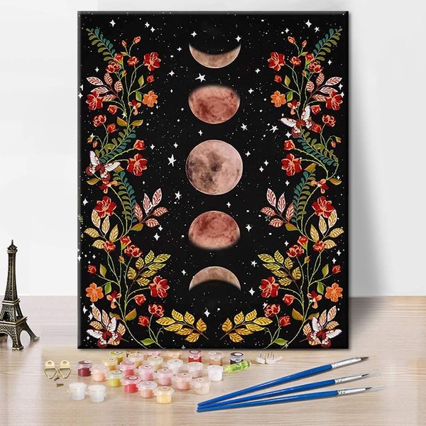 TISHIRON Moonlit Garden Paint by Numbers Moon Phase Surrounded by Vines and Flowers Black Kit for Adults Children Unique Gift 16 x 20 Inches Frameless