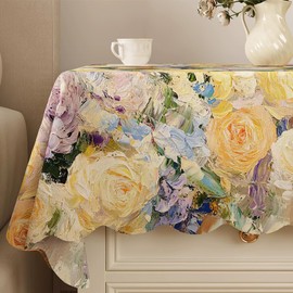auons Vintage Tablecloth Square Oil Painting Flower Printed Table Cloths, Cotton Linen Waterproof Wipeable Coffee Table Cover, 36x36 inch