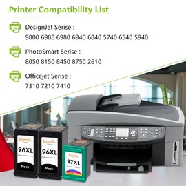 96XL/97XL High Yield Ink Cartridges (3-Pack, 2Black/1Tri-Color) Compatible 96XL 97XL Ink Cartridges Replacement for HP 96XL 97XL Ink Work with Deskjet 6940 6988 6980 Officejet 7310 7210 Printer