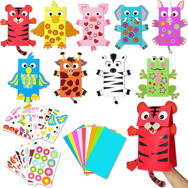 WATINC 9Pack Hand Puppet Art Craft Paper Sock Puppets DIY Making Your Own Puppet Kits Party Favors Wiggle Googly Eyes Storytelling Party Supplies Imaginative Play Birthday Party for Boys Girls