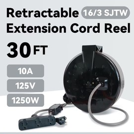 FNXPOW 30 Ft Retractable Extension Cord Reel, 16/3 SJTW Power Cord with 3 Electrical Outlets, Ceiling or Wall Mount, 10 Amp Circuit Breaker, Metal Plate, UL Listed, Grey