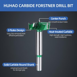 HUHAO Forstner Drill Bits 40mm (1-9/16 inch) Carbide Upgraded Version 3-Cutter Higher Hardness Wood Hole Saw Auger Opener Woodworking Drilling Tool Wood Cutter