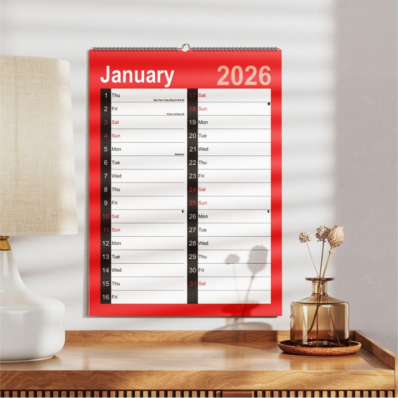 2026 Wall Calendar A4 Month to view A4 Red and