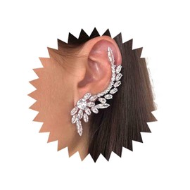 Aneneiceera Vintage Crystal Cuff Wrap Earrings Silver Rhinestone Leaf Ear Cuff Earrings Long Cz Ear Climber Cuff Earrings Boho Crystal Climbing Earrings Jewelry for Women and Girls