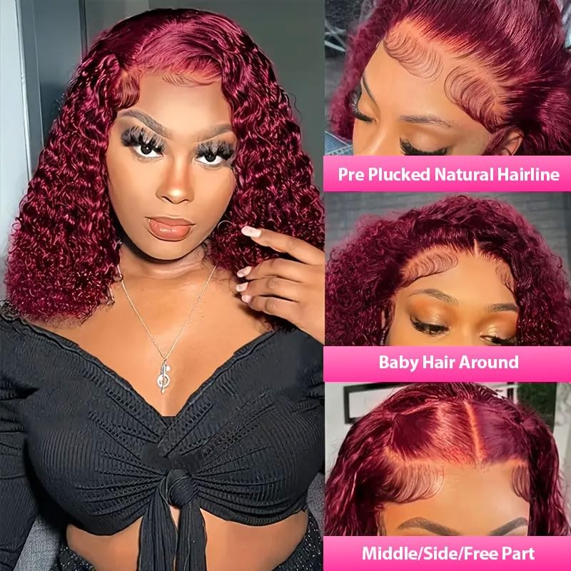 Abhayy 99J Burgundy Short Bob Wig Human Hair 13x4 Deep