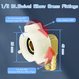 Boltigen 1/2" PEX Swivel Elbow Faucet Connector (5-Pack) with 1/2" Female NPT 90 Degree NPSM Adapter, Lead-Free Brass Fittings for RV Camper Water Line & Home Plumbing