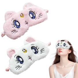 2 Pack Soft Plush Sleep Eye Masks, Cute and Comfortable Satin Sleep Masks Sleep Masks for Men and Women (Pink and White Cat)
