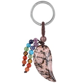 Nupuyai Crystal Angel Wings Keyring with 7 Chakra Stone Tassel Key Ring, Stone Guardian Angel Wings Pendant Keychain for Bag Charm Lucky Charm Amulet, Pink & Black Rhodonite