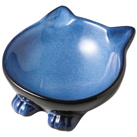 Nihow Ceramic Basic Cat Bowl: 5 Inch Cat Dish for Food & Water - Food Grade, Microwave & Dishwasher Safe - Elegant Blue & Black (4.25 OZ /1 PC)