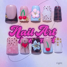 Delicatething Y2K Style Acrylic Nails Set with 10 Duckbill Tips, Handcrafted Nail Art Available in 3 Sizes, Perfect Gift for Girls:_Queen of Hearts Cherry_L