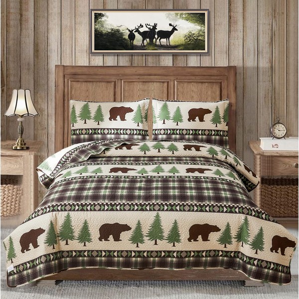 MINCHI Cabin Bear Quilts King Size Lightweight Rustic Bedding Brown