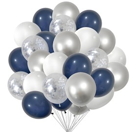 55pcs Navy Blue Silver and White Party Balloons Set, 12 Inch Dark Blue Metallic Silver White and Silver Confetti Latex Balloons with Ribbons for Boys or Men's Birthday Party Grad Baby Shower Decor