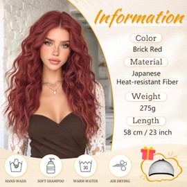 RUWISS Long Wavy Wigs for Women, 23 Inch Lace Front Brick Red Curly Wig