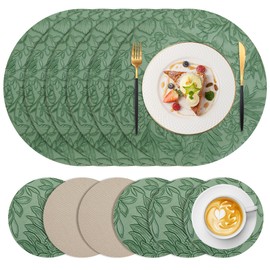 Placemats Set of 6, Faux Leather Round Table Mats, Heat-Resistant Non-Slip Washable Place Mats for Dining Kitchen Outdoor, Boho Green