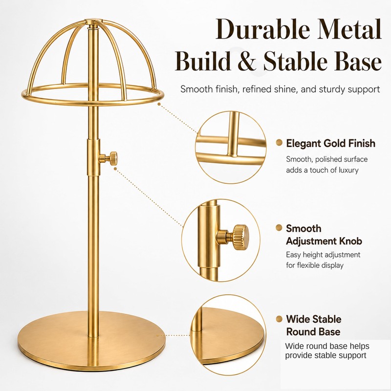 Lorveelo Hat Display Stand 3PCS, Gold Stainless Steel Adjustable Hat