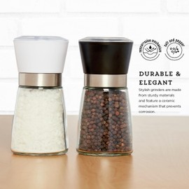 Kamenstein Glass Spice Grinders with Adjustable Ceramic Mechanism, Set of 2 - Prefilled Salt & Pepper Grinders for Kitchen Countertop Use, Durable & Refillable Food Prep Tools