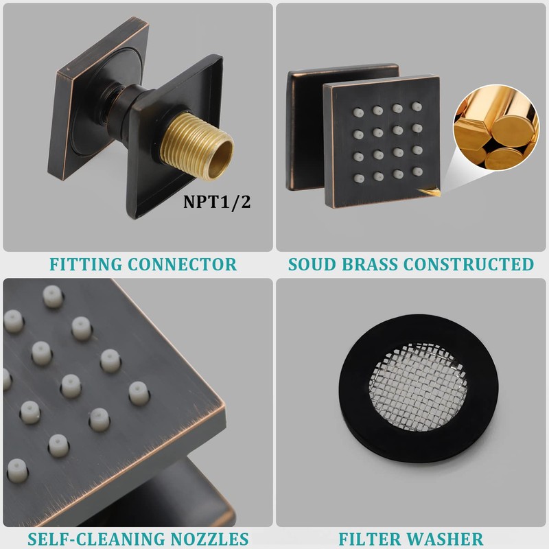 Showerhead Body Spray, HOMEDEC 2inch Brass Square Massage Shower Jet