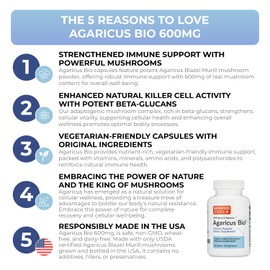 Agaricus Bio 600 mg, Natural Killer Cell Activity -USA-Grown Organic Agaricus Blazei Murill Mushroom for Immune Support, Liver & Cellular Health, High Beta Glucan Supplements, 60 Caps