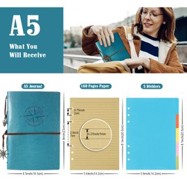 Lined Journal Notebook, Vintage PU Leather Writing Journal with 160 Ruled Pages and 5 Binder Dividers, Refillable Notebook for Women Men