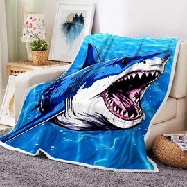 Great White Shark Blanket, Blue Sea Water Ocean Shark Theme Throw Blanket, Shark Blanket Gifts for Boys Adults Kids Lightweight Soft Plush Blankets Couch Sofa Bed Blanket Shark Decor 50"X60"in