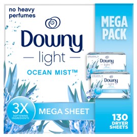 Downy Light Mega Dryer Sheets, Fabric Softener Dryer Sheets, Ocean Mist, 130 Count
