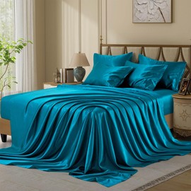 VCUSUELER Silk Like Satin Bed Sheets, 6-Piece Teal Queen Size Satin Sheets for Hair and Skin, Luxury Silky Bedding Set with Deep Pocket for Mattress (Queen, Teal)