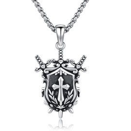 YueYuan Sword Shield Pendant for Men 925 Sterling Silver Orthodox Cross Necklace Religious Jewellery Vintage Jewellery for Birthday Anniversary, Sterling Silver