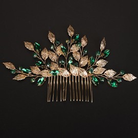BERYUAN Wedding Gold Leaves Crystal Rhinestone Hair Comb Emered Green Crystal Rhinestone Hair Comb Leaves Gold Wedding Headpiece for Wedding Women