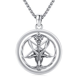 Satanic Goat Head Pentagram Pendant Necklace 925 Sterling Silver Baphomet Chain for Men Women Rotating Spinning Goth Necklace Satanic Jewellery Gifts, Sterling Silver