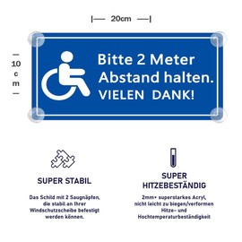 XL Wheelchair Sign for Car with 4 x Suction Cups 100 x 200 mm - Please Keep 2 Metres Distance - Wheelchair User Suction Cup Sign Made of Acrylic Sign - Disabled Sign Car Sign Accessories for