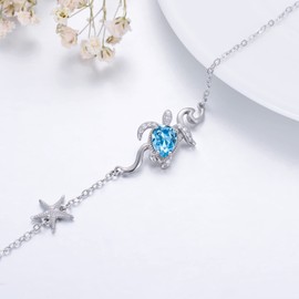 Sea Turtle Anklet 925 Sterling Silver Ocean Turtle Adjustable Foot Bracelet Anklet with Simulated Aquamarine Blue Crystal, Turtle Jewellery Gifts for Women Girls