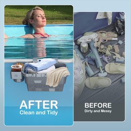 kaoer Poolside Storage Basket for above Ground Pools, above Ground Pool Accessories, Swimming Pool Storage Basket with Pool Cup Holder Fits for Most Frame Swimming Pools-Grey 2PCS