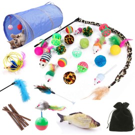 HEPAZ Cat Toy Set with Cat Tunnel, Balls, Feather Toy, Plush Toy, Toy Mice Cats Toy Variety Pack for Kitty Cats, Bonus Storage Bag, 24 Pieces