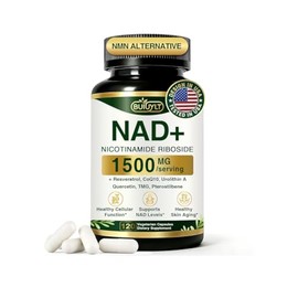 Suplemento NAD de 1500 mg NR con resveratrol, urolitina A CoQ10 y quercetina NAD Plus para energía celular envejecimiento saludable y resistencia para mujeres y hombres 120 cápsulas