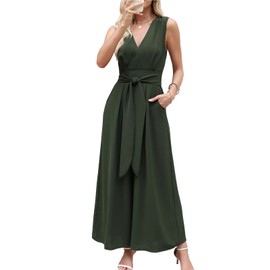CUPSHE Women's Jumpsuit Deep V-Neck Sleeveless Jumpsuit Smocked Waist Wide Leg Summer Elegant Playsuit with Belt, dark green