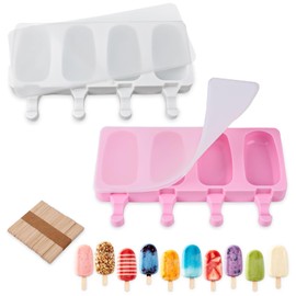 Moldes para Helados 2 Piezas, 4 Cavidades Cada Uno, Silicona de Grado Alimenticio, Reutilizables, Sin BPA, con 100 Palitos de Madera, DIY para Niños y