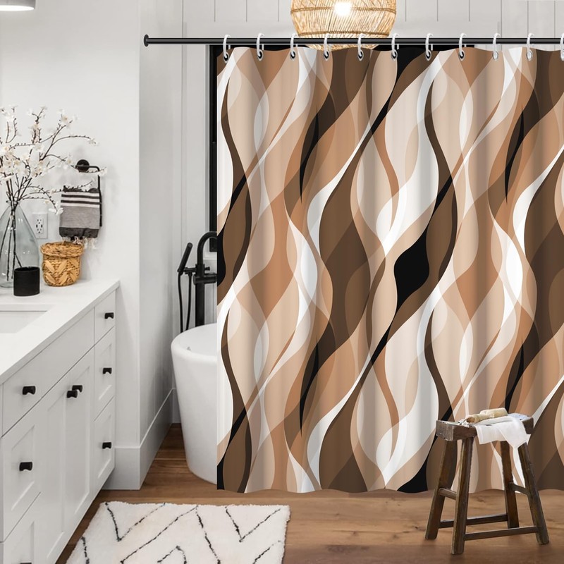Ruelvth Brown Shower Curtain, Modern Abstract Grey and Brown Striped